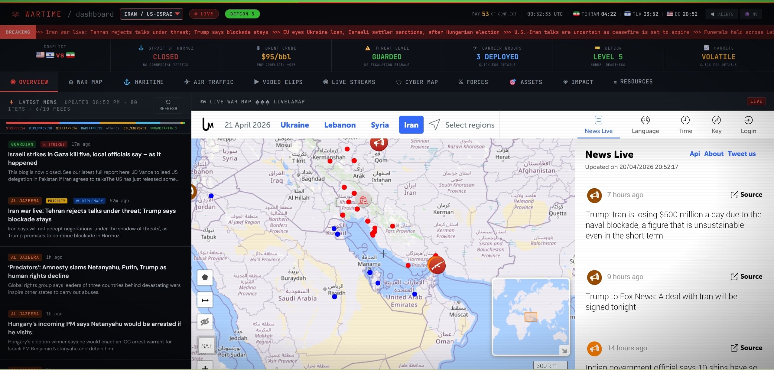 Geopolitical Conflict Dashboard — WARTIME theater switcher with live OSINT feeds